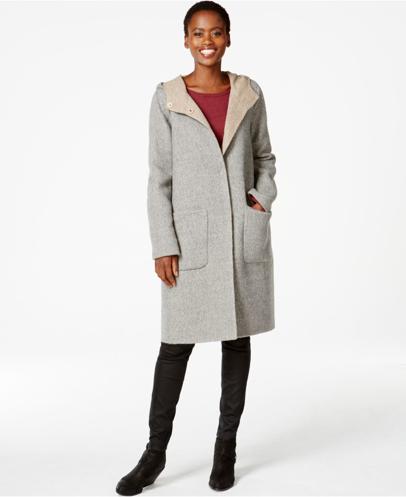 Eileen Fisher Hooded Wool Car Coat in Gray | Lyst