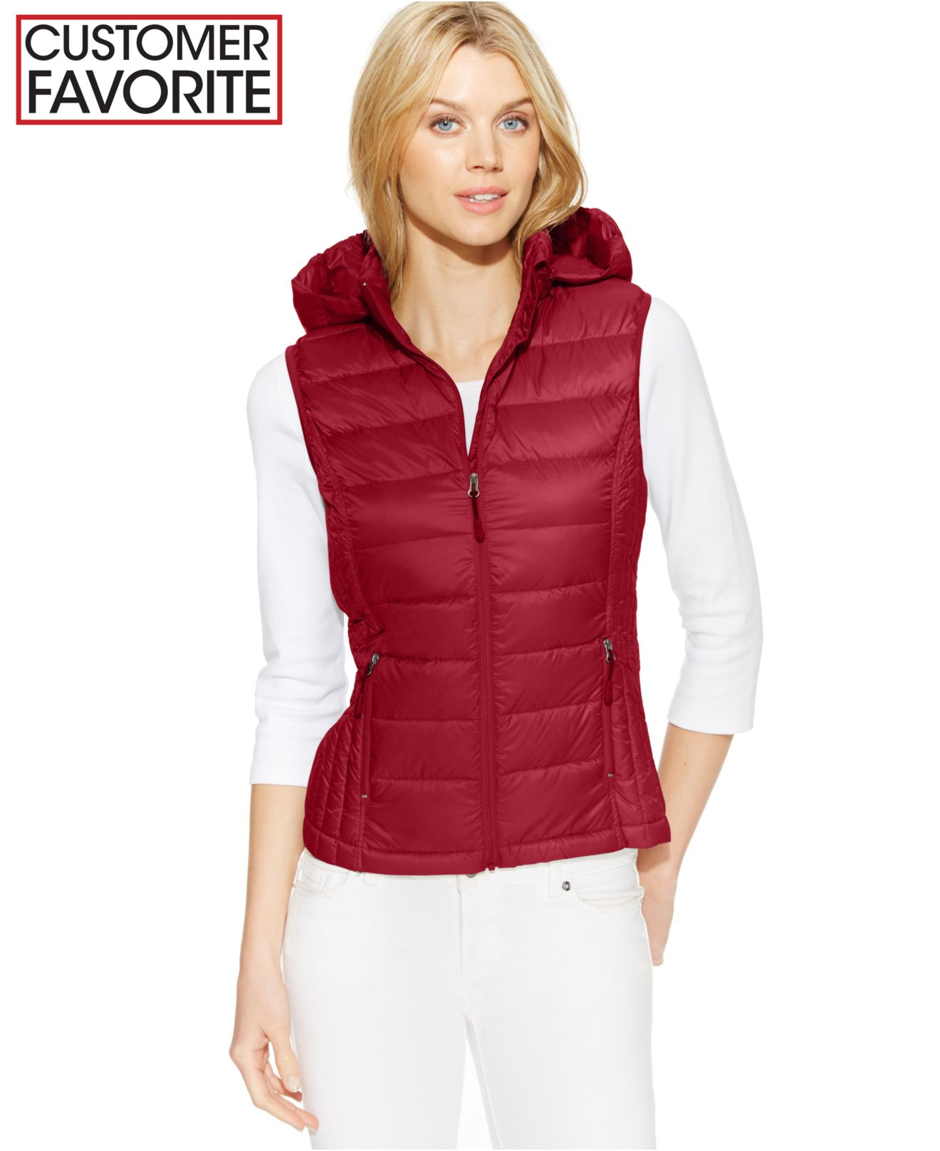 32 Degrees Hooded Packable Down Vest in Red - Lyst