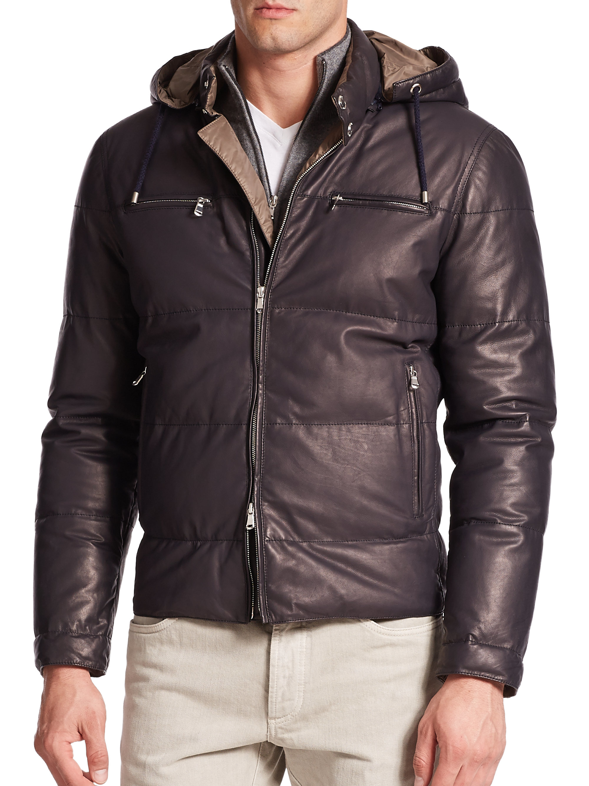 Brunello Cucinelli Hooded Leather Puffer Jacket in Navy-Brown 