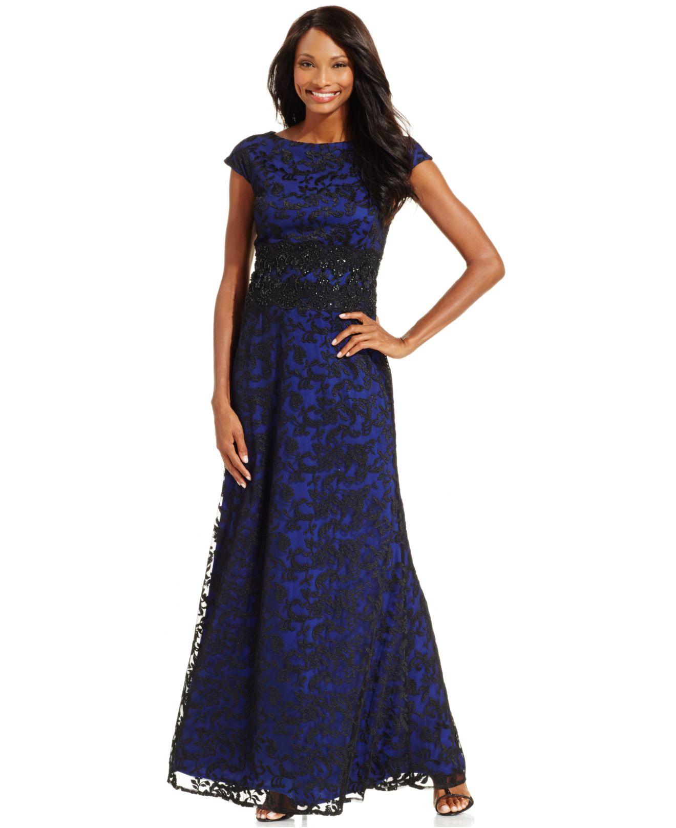 Lyst - Alex Evenings Embroidered Lace Cap-sleeve Gown in Blue
