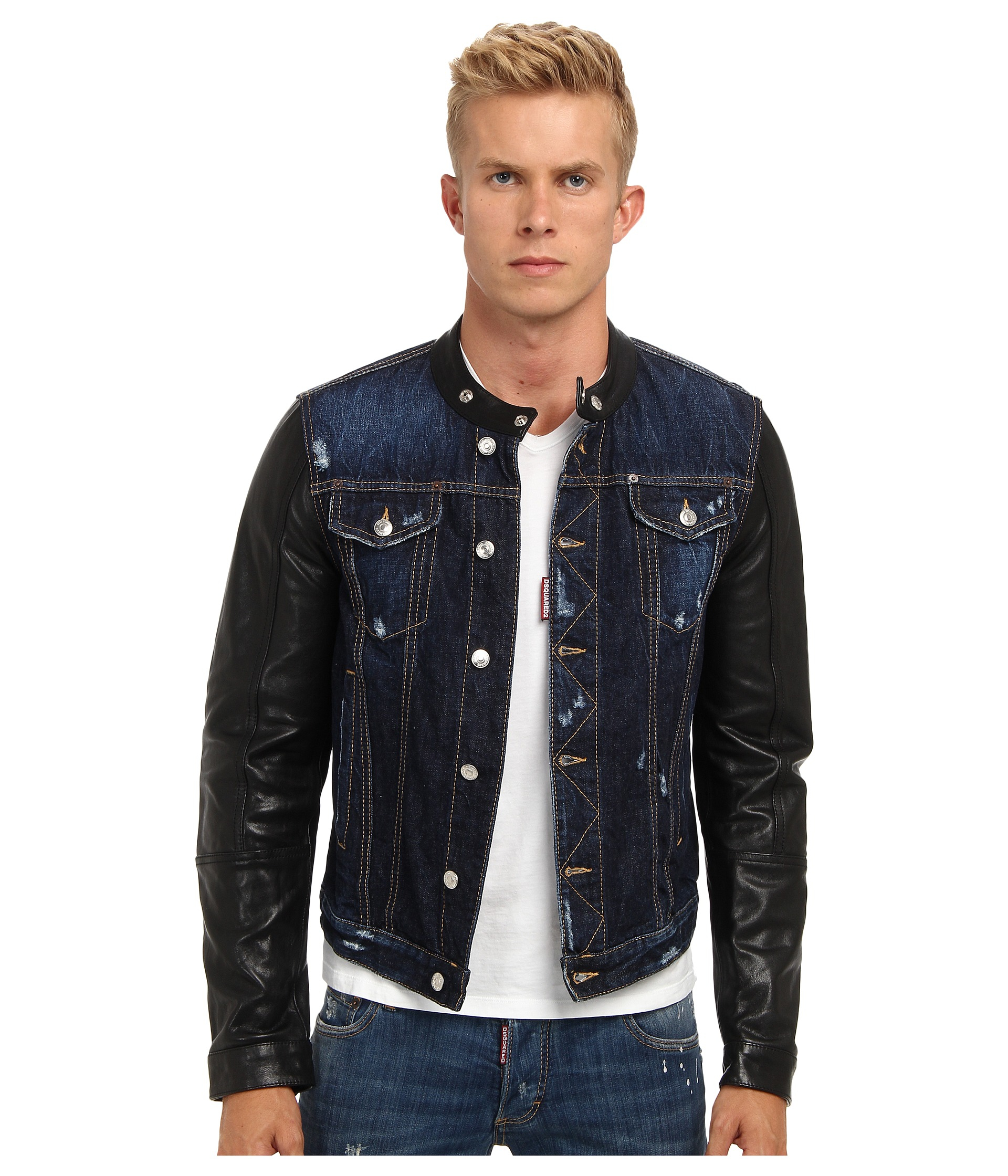 DSquared² Leather Sleeves Biker Jacket in Denim (Blue) for Men | Lyst
