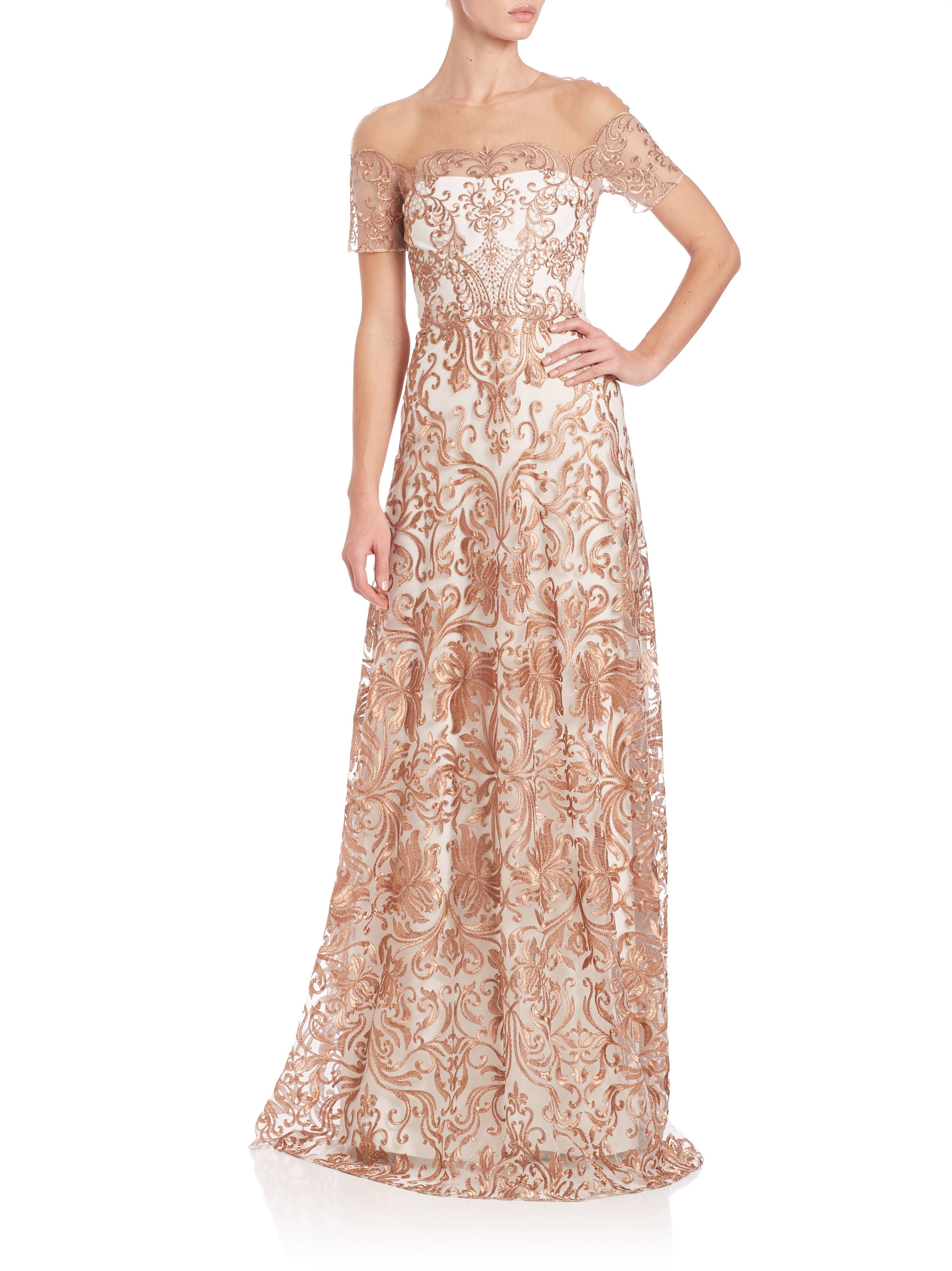 Lyst Notte By Marchesa Embroidered Off The Shoulder Gown In White Gallery