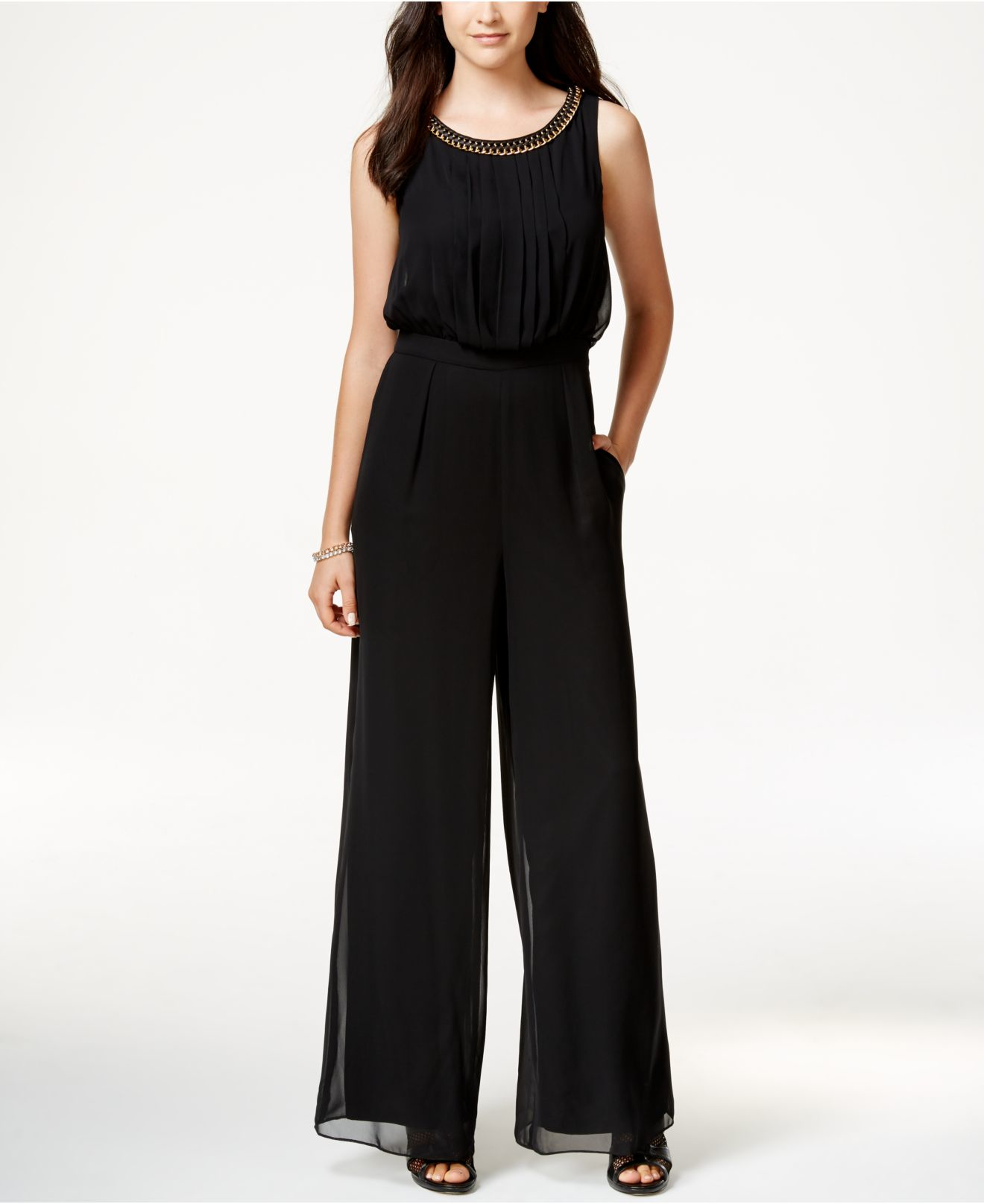 Jessica simpson Chain-link Wide-leg Blouson Jumpsuit in Black | Lyst