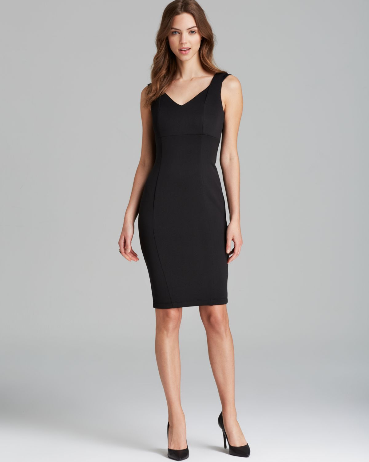 V Neck Button Detail Black Sheath Dress