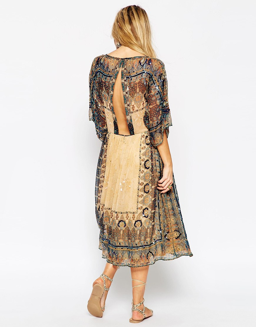 ASOS Glam Festival Dress With Boho Beading in Brown | Lyst