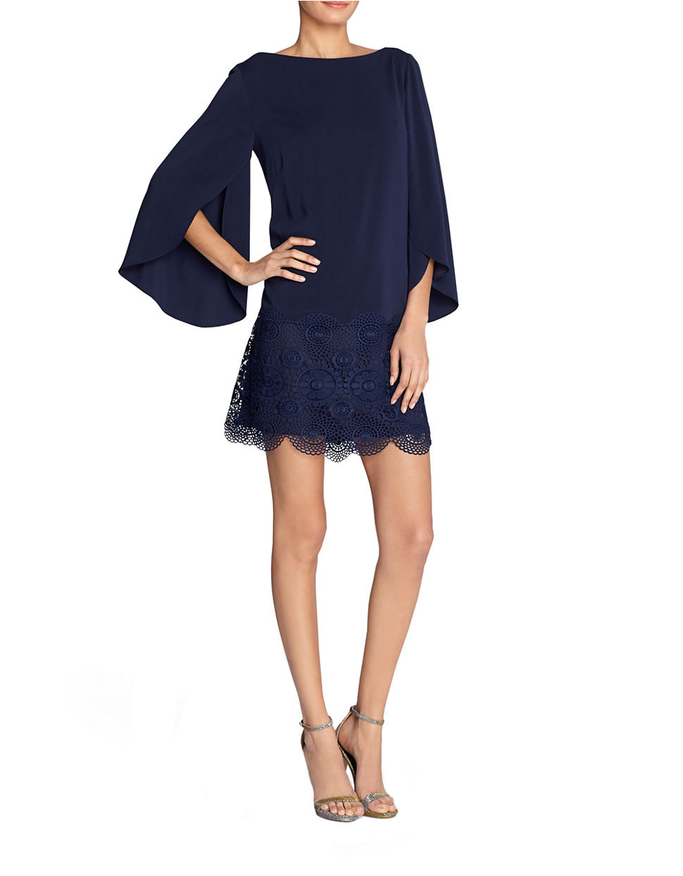 Lyst Tahari Lace Overlay Bell Sleeve Dress In Blue Gallery
