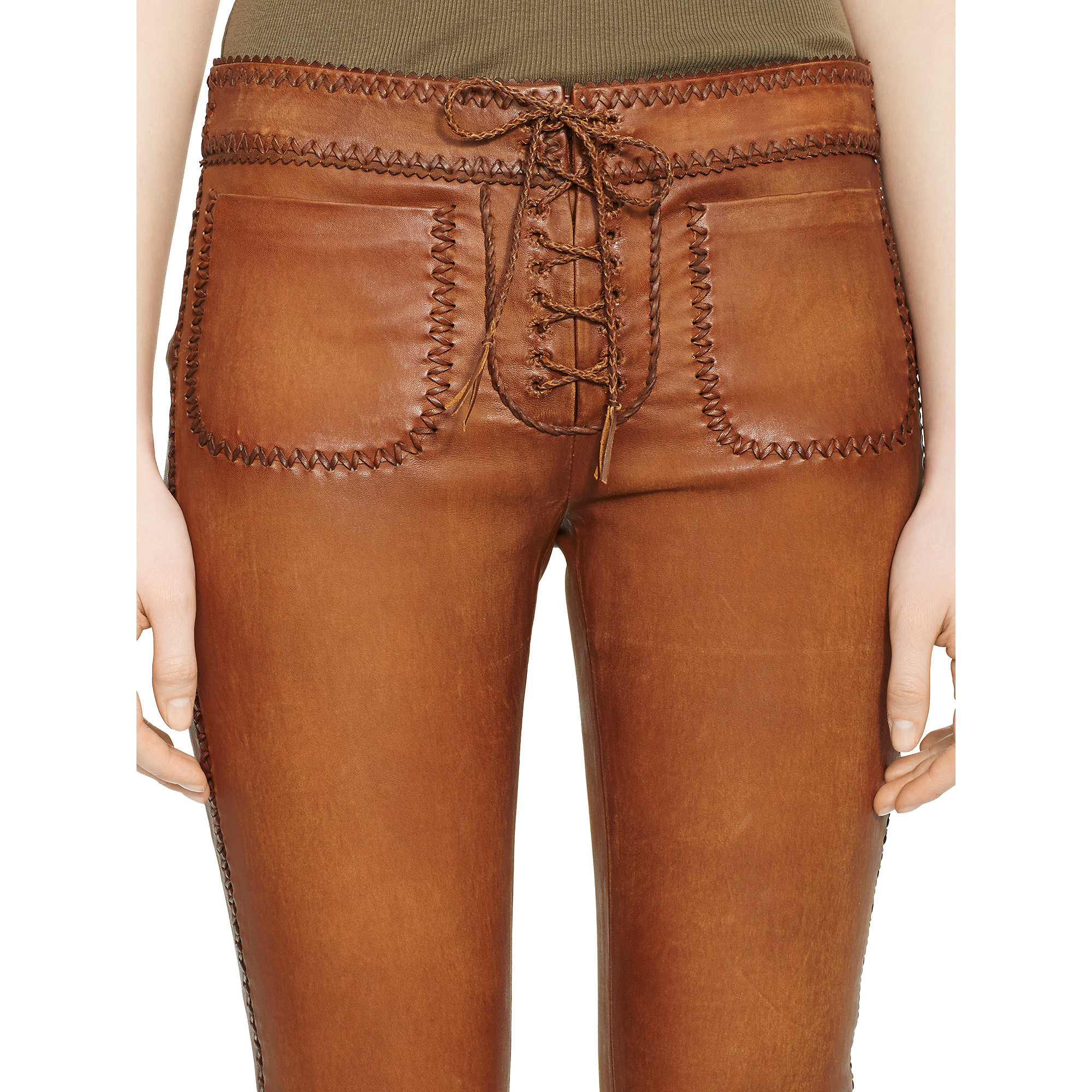 Ralph Lauren Lace-Up Stretch-Leather Pant in Brown | Lyst
