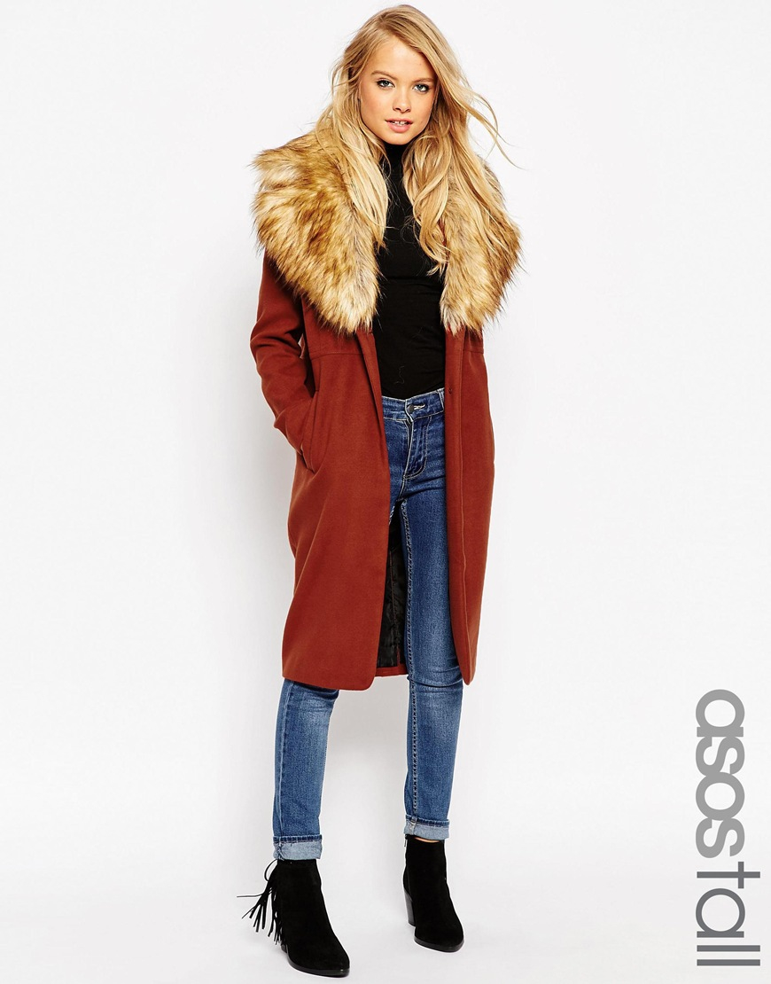 ASOS Synthetic Coat With Oversized Faux Fur Collar in Brown
