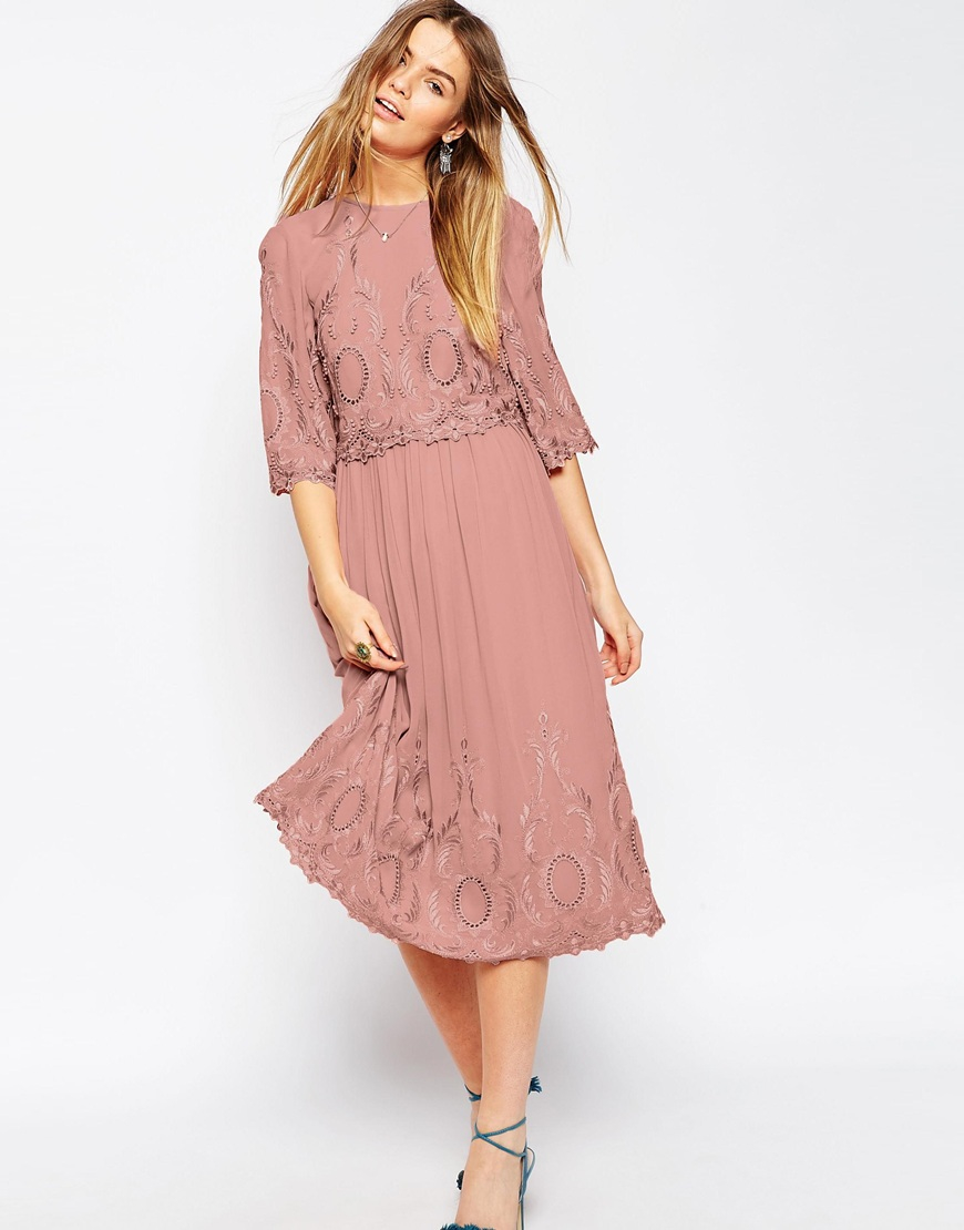  Asos  Premium Midi Embroidered  Dress  in Pink Lyst