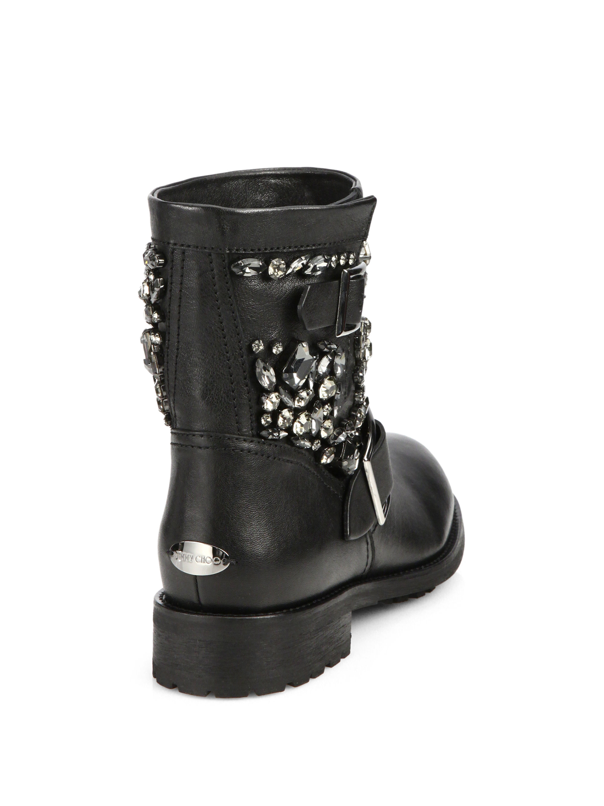 Lyst - Jimmy Choo Crystal-studded Leather Biker Boots in Black