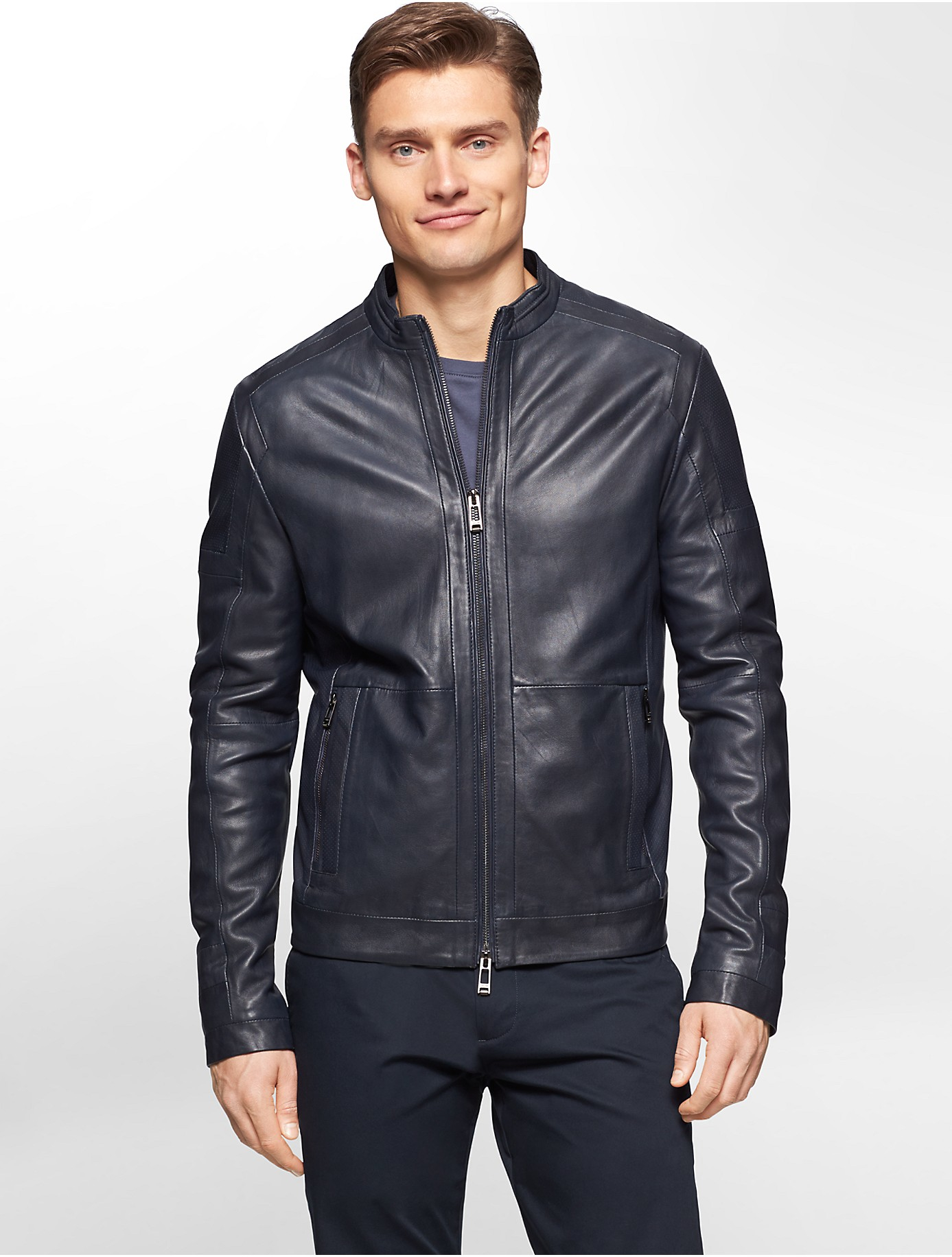Lyst - Calvin Klein Premium Slim Fit Leather Moto Jacket in Blue for Men