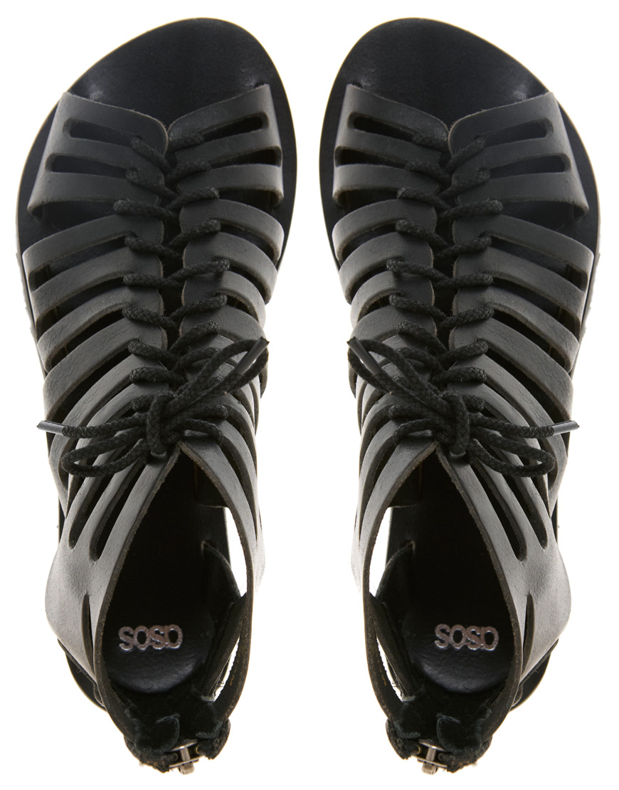 asos design gladiator sandals in black leather with chunky sole
