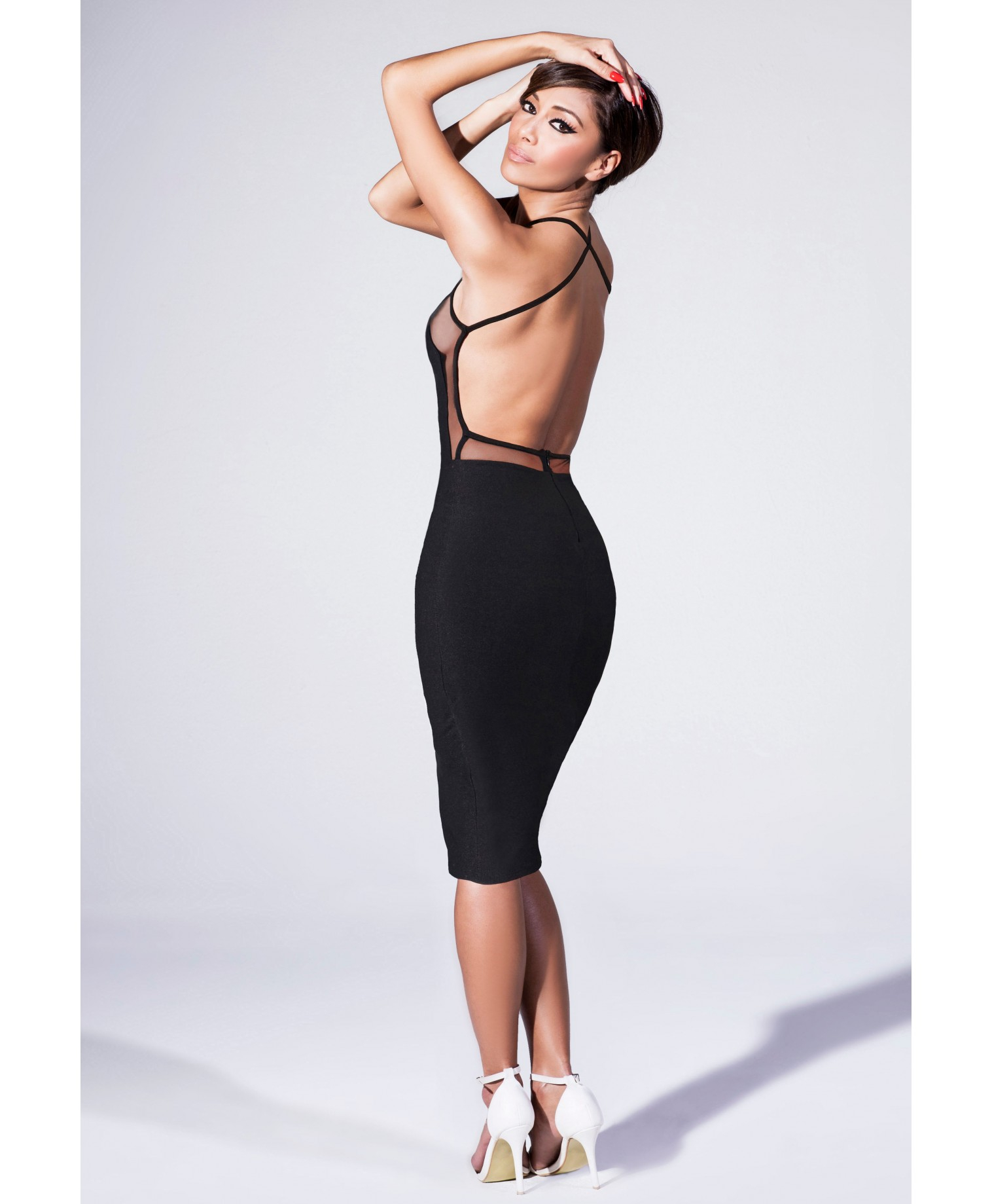 black mesh panel midi dress