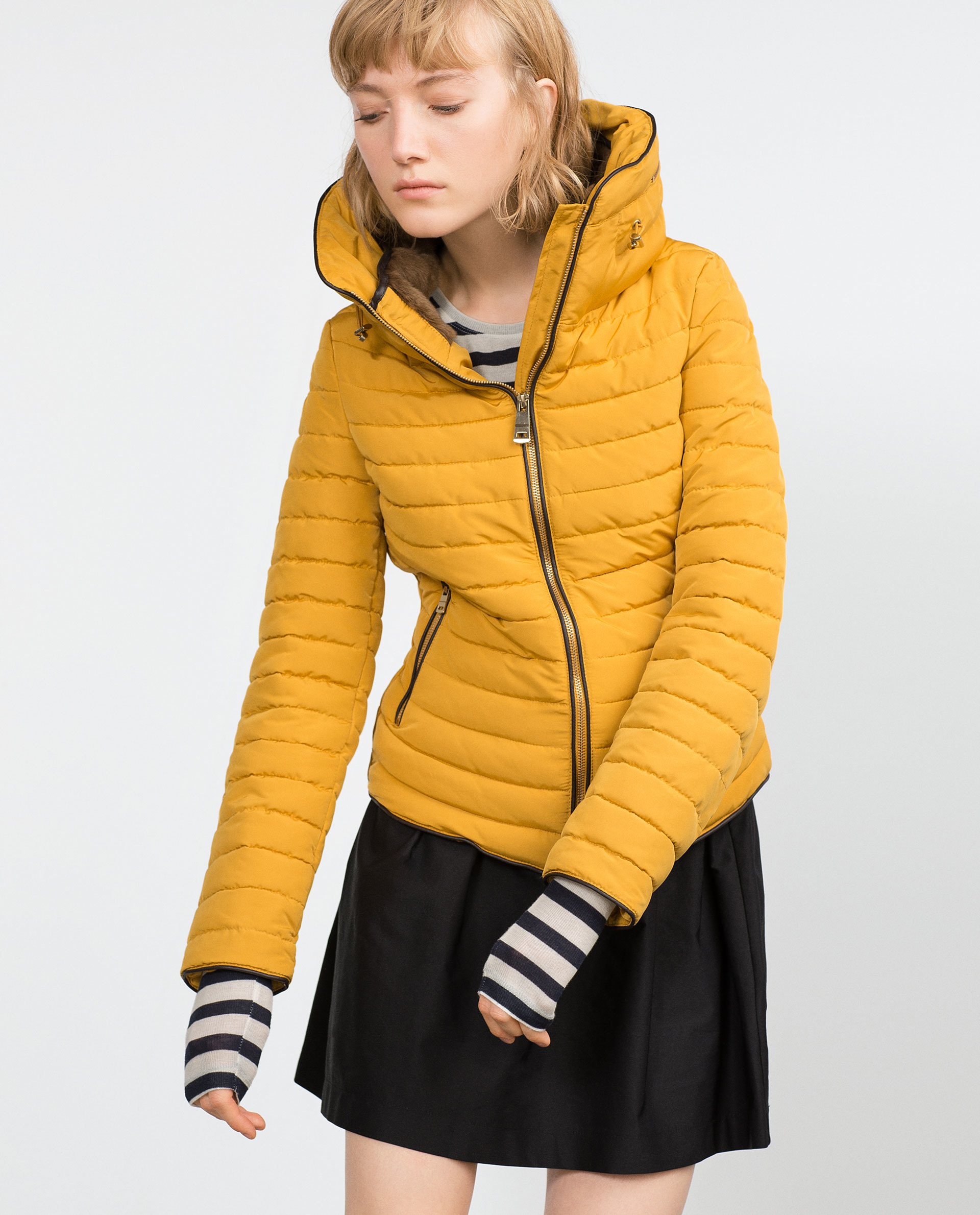 Zara Quilted Coat With Faux Fur Collar in Yellow Lyst