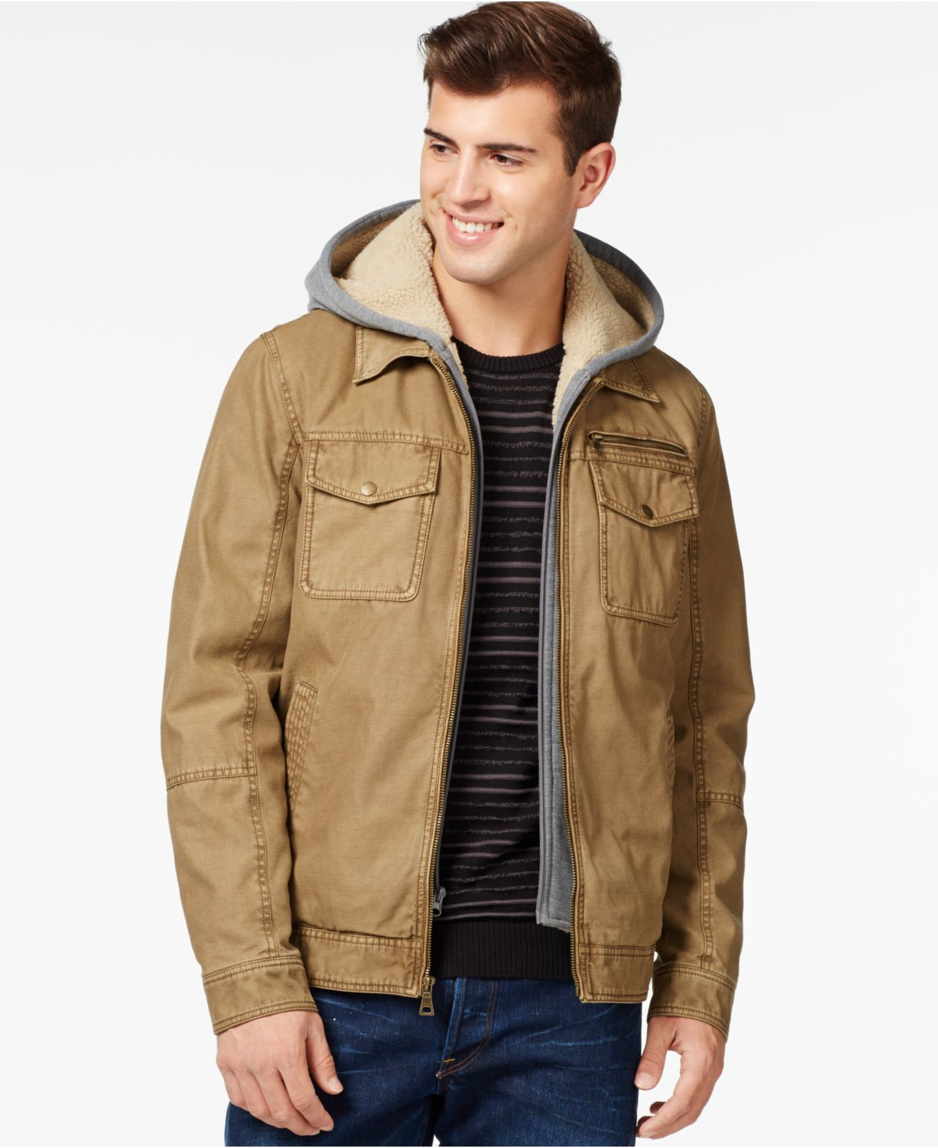 Guess Trucker Jacket With Removable Hood in Khaki (Natural) for Men - Lyst