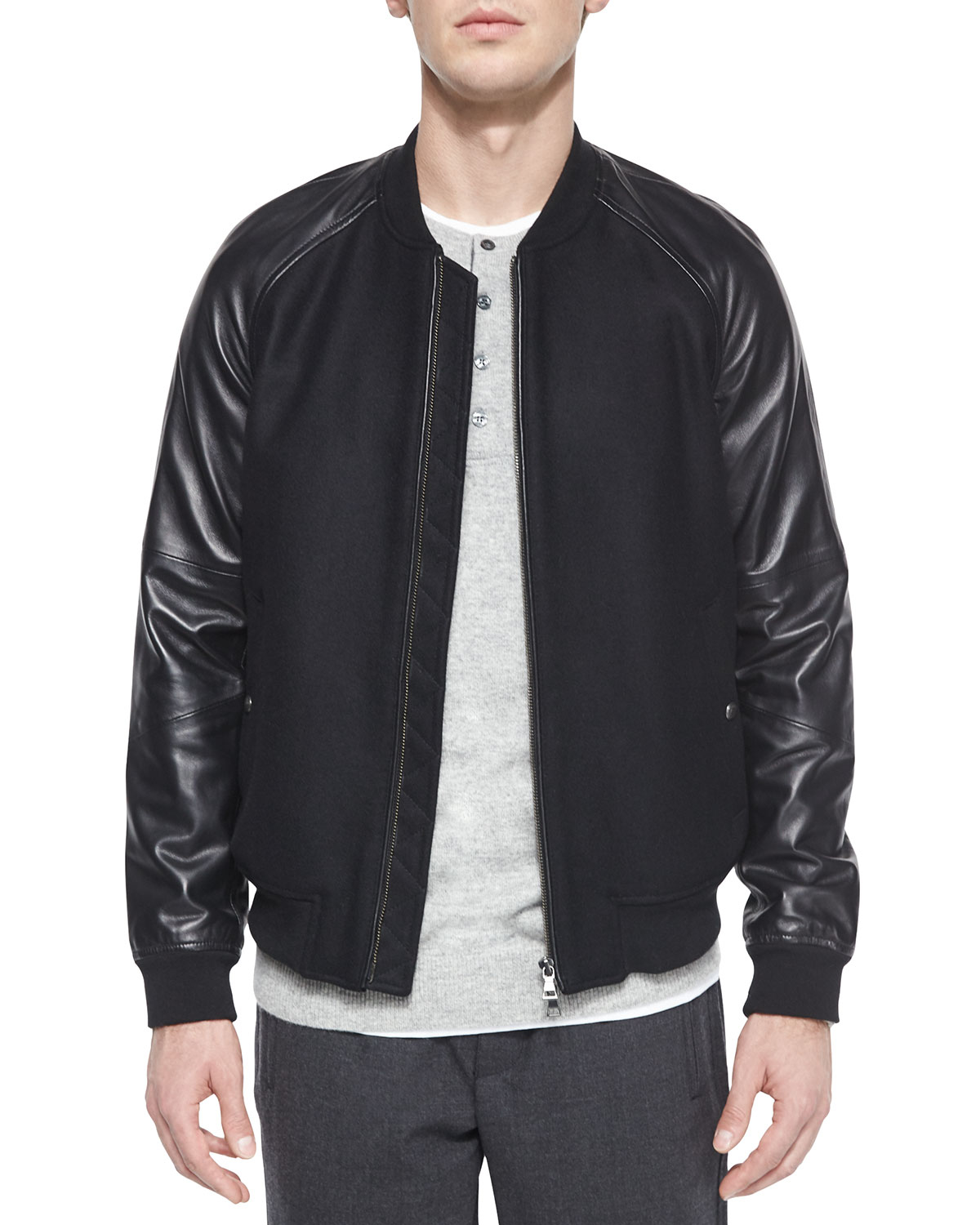 Vince Leather-sleeve Bomber Jacket in Black for Men - Lyst
