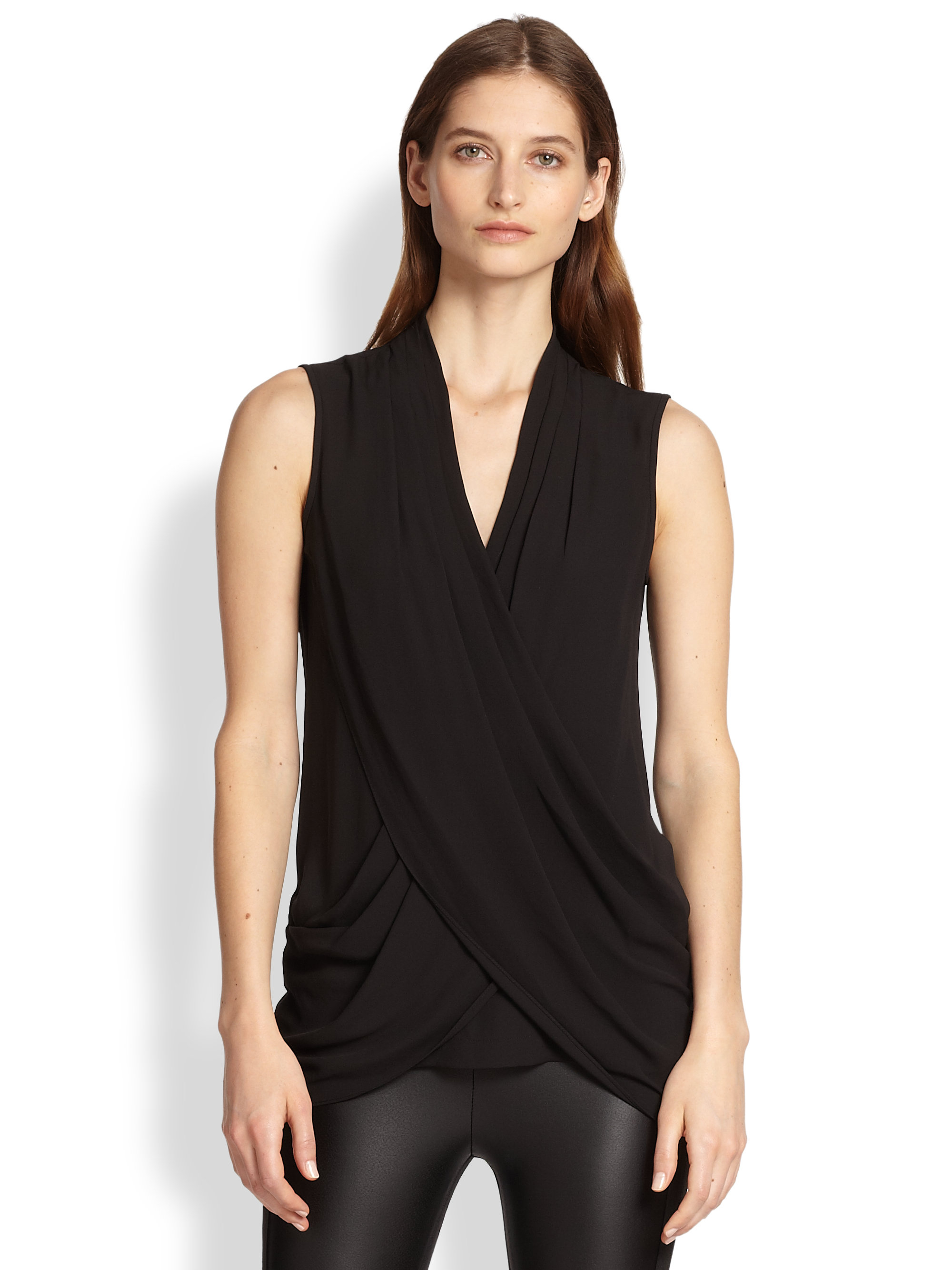 lyst bcbgmaxazria doris draped crossover front top in black lyst bcbgmaxazria doris draped crossover front top in black