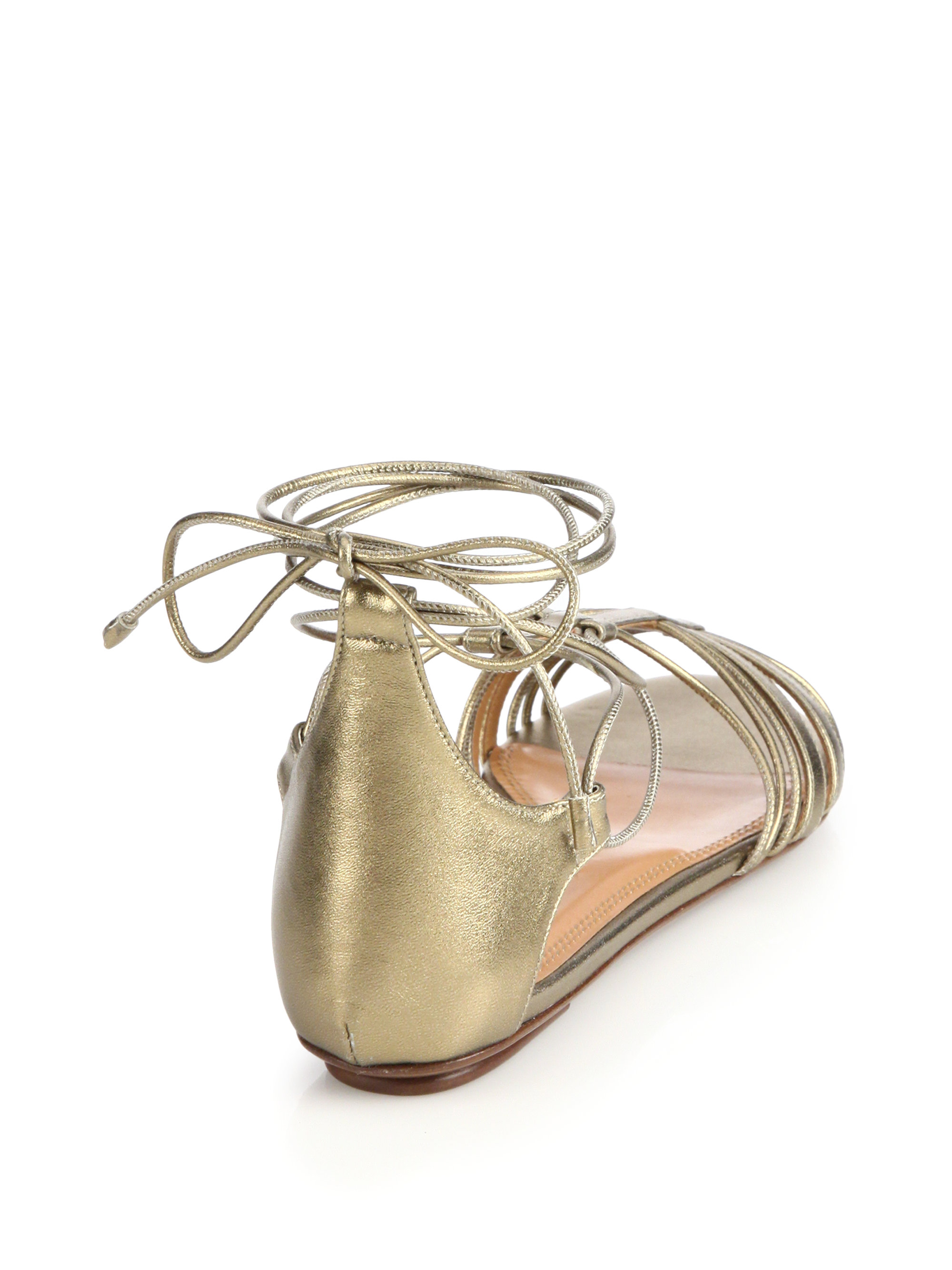 Lyst - Ralph Lauren Mabelle Metallic Leather Flat Ankle-tie Sandals in Metallic
