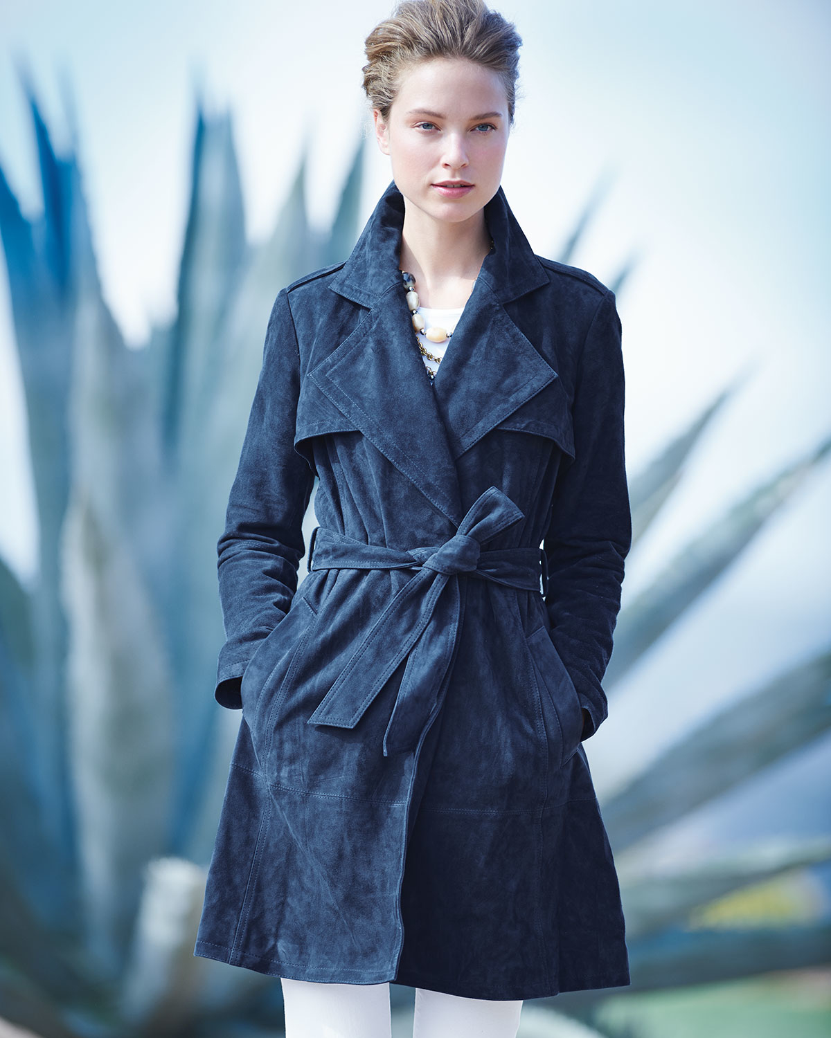 blue suede trench coat