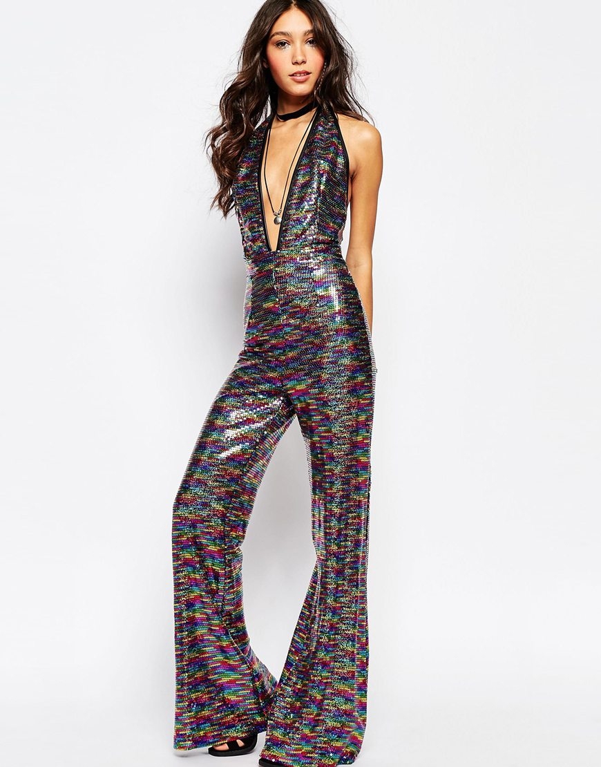 Jaded London Sexy Plunge Neck Festival Jumpsuit In Rainbow Sequins | Lyst