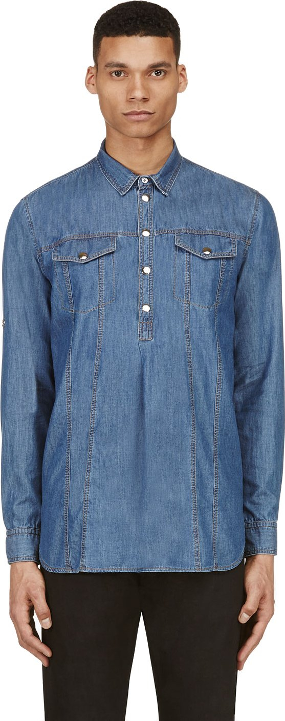 Balmain Blue Denim Pullover Shirt for Men | Lyst