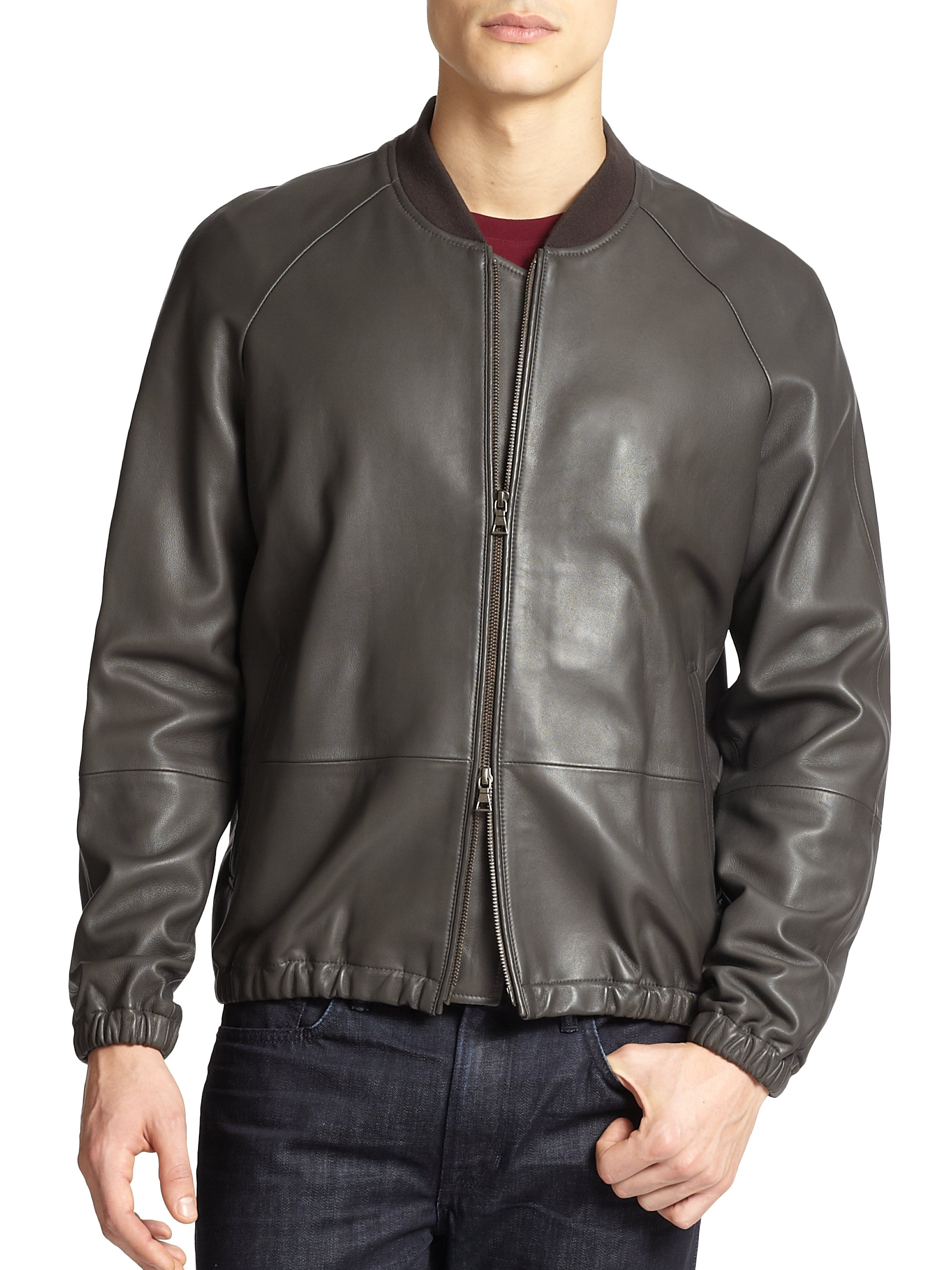 Vince Leather Bomber Jacket in Gray for Men (DARK-GREY) | Lyst