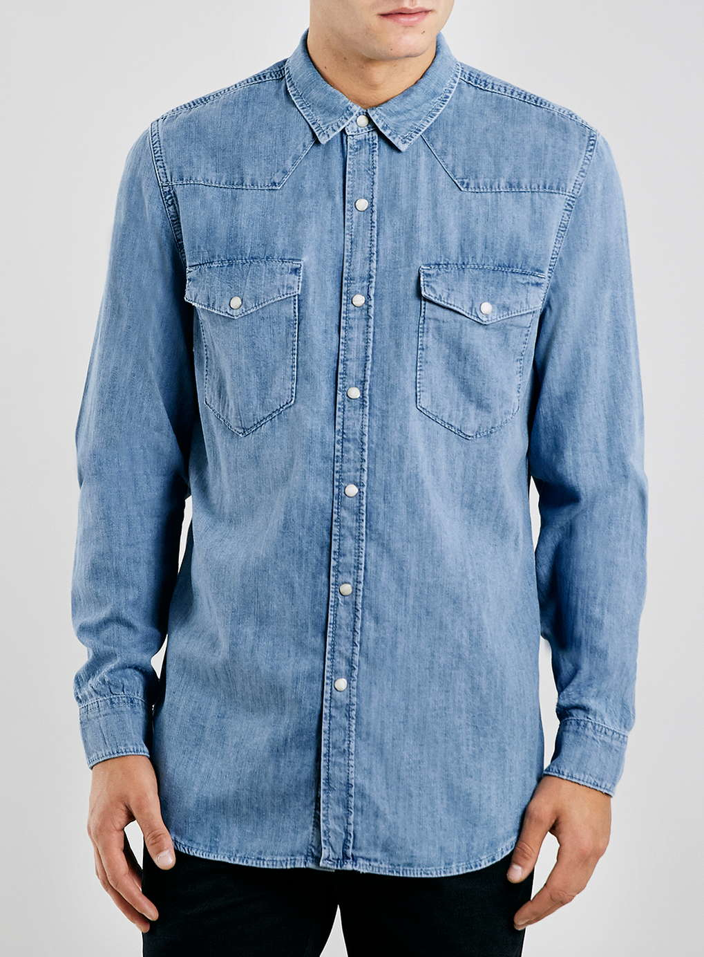 Topman Ripped Denim Western Long Sleeve Casual Shirt in Blue for Men Lyst