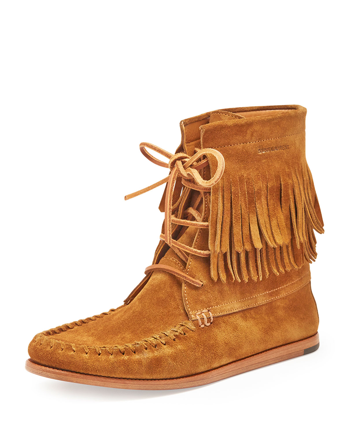 Saint Laurent Fringed Suede Hightop Moccasin Bootie in Brown Lyst