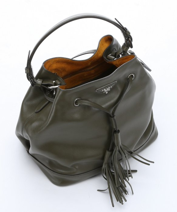 Prada Military Green Calfskin Fringe Drawstring Bucket Bag in ...