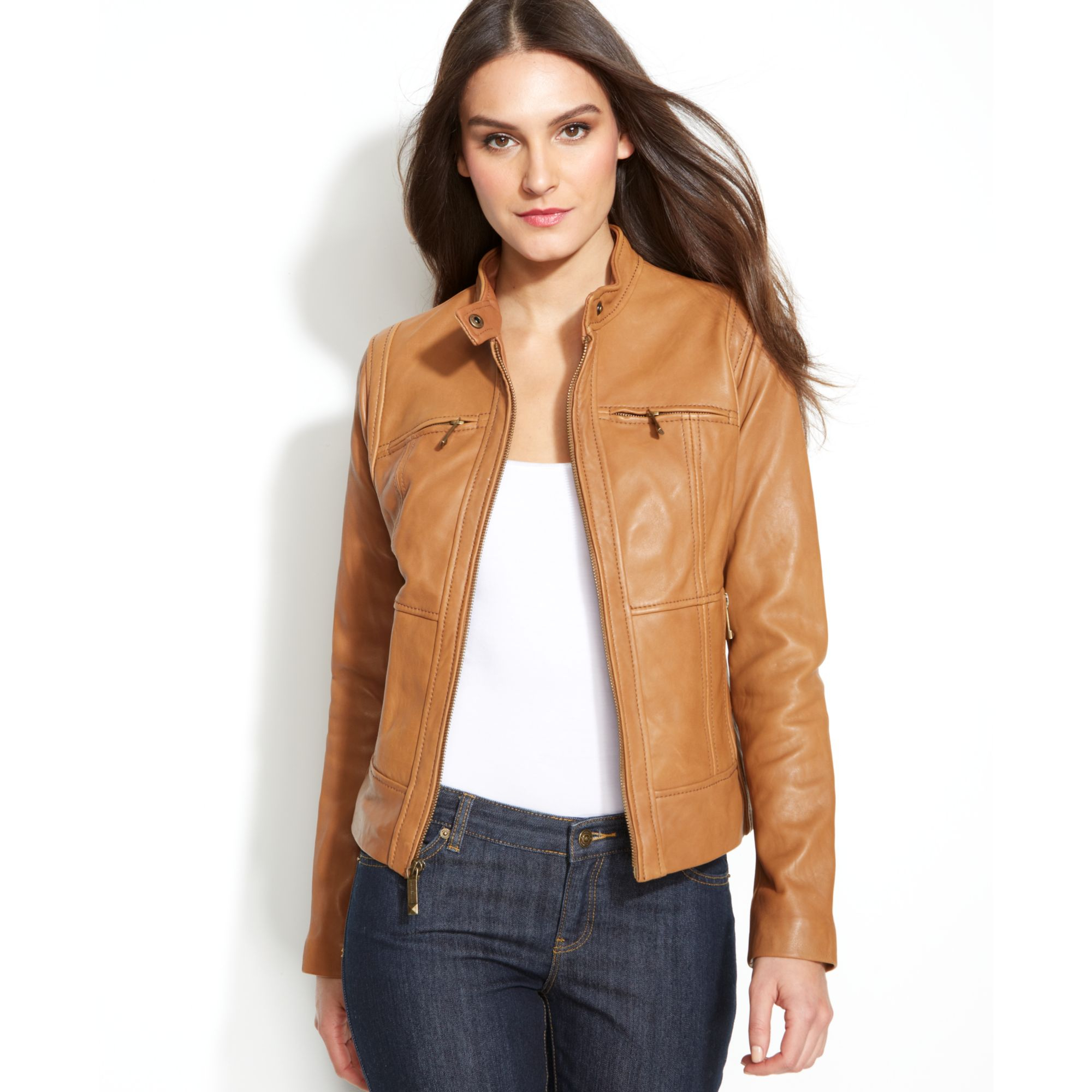michael kors brown leather jacket womens