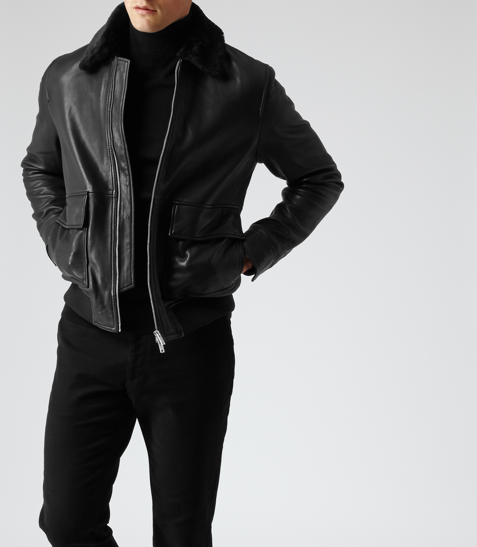 Reiss Jake Fur Collar Leather Jacket in Black for Men | Lyst
