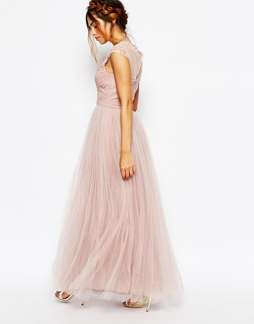 little mistress pink tulle maxi dress