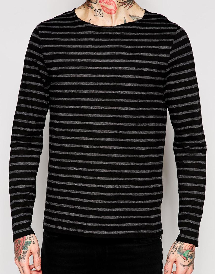 Lyst Asos Stripe Long Sleeve Tshirt With Boat Neck in Black for Men