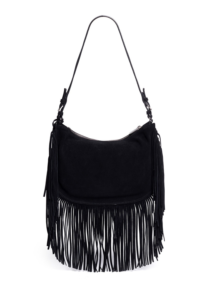 Michael Kors 'billy' Medium Suede Fringe Shoulder Bag in Black | Lyst