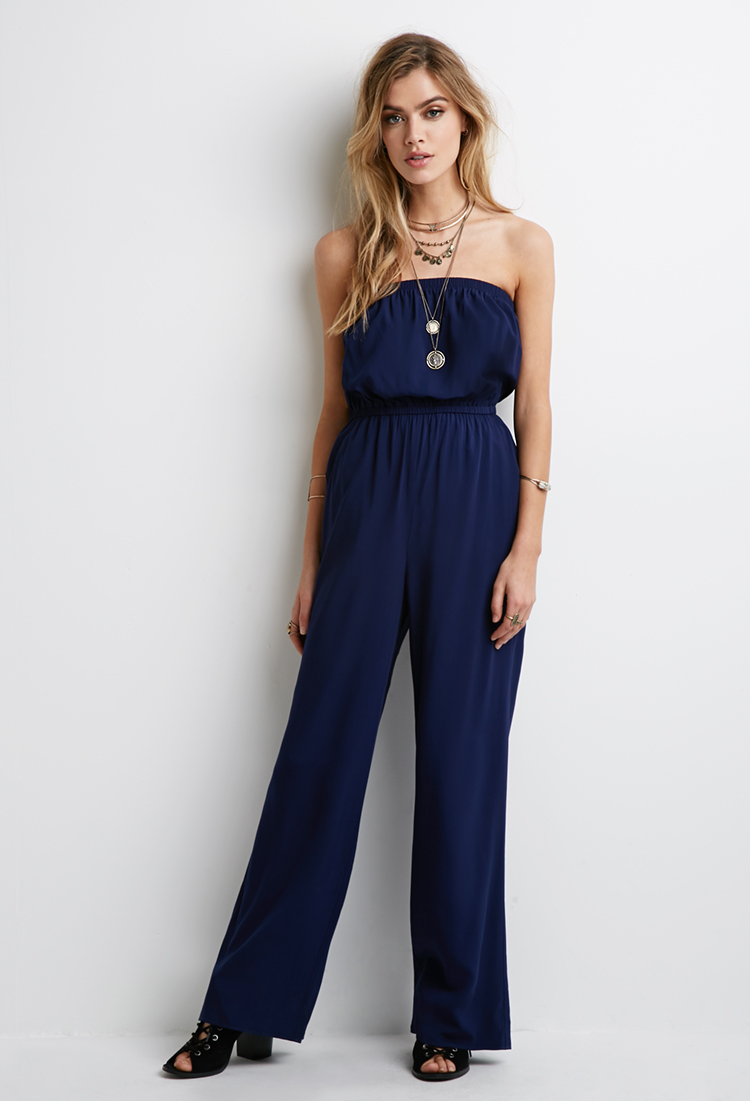 blue strapless jumpsuit