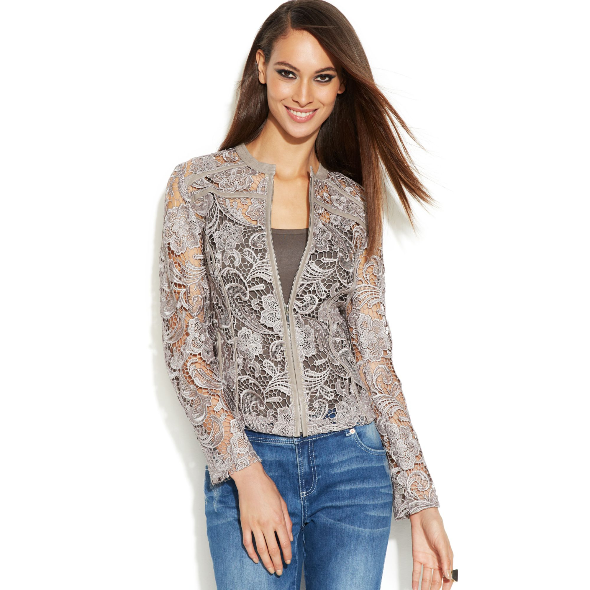 Lyst - Inc International Concepts Fauxleathertrim Lace Jacket in Gray