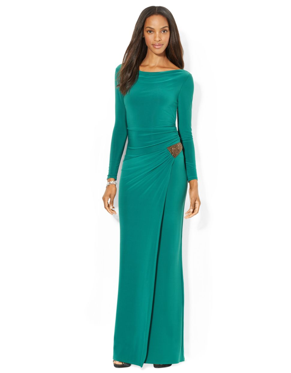 Lauren by ralph lauren Jersey Side Draped Evening Gown in Green | Lyst