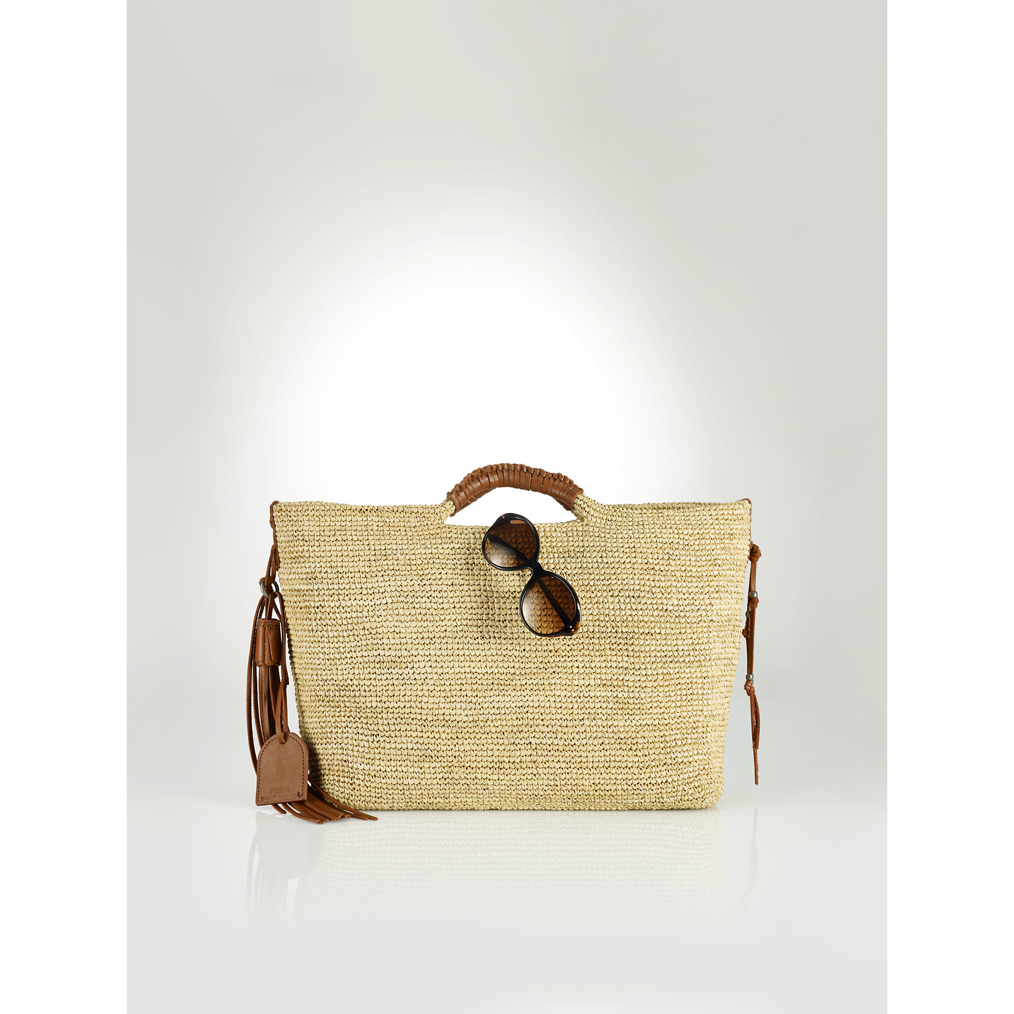 Polo Ralph Lauren Leather Woven Raffia Tote in Natural - Lyst