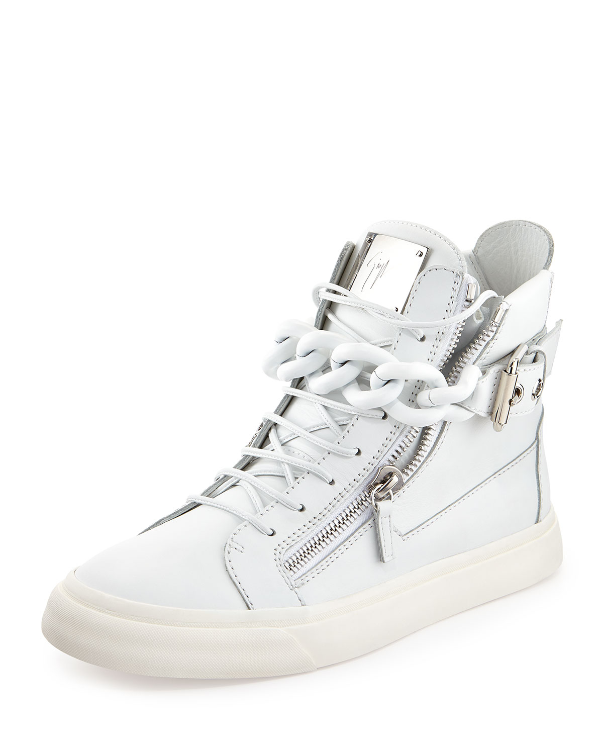 Giuseppe zanotti Mens Chain & Zipper Leather High-top Sneaker in White ...