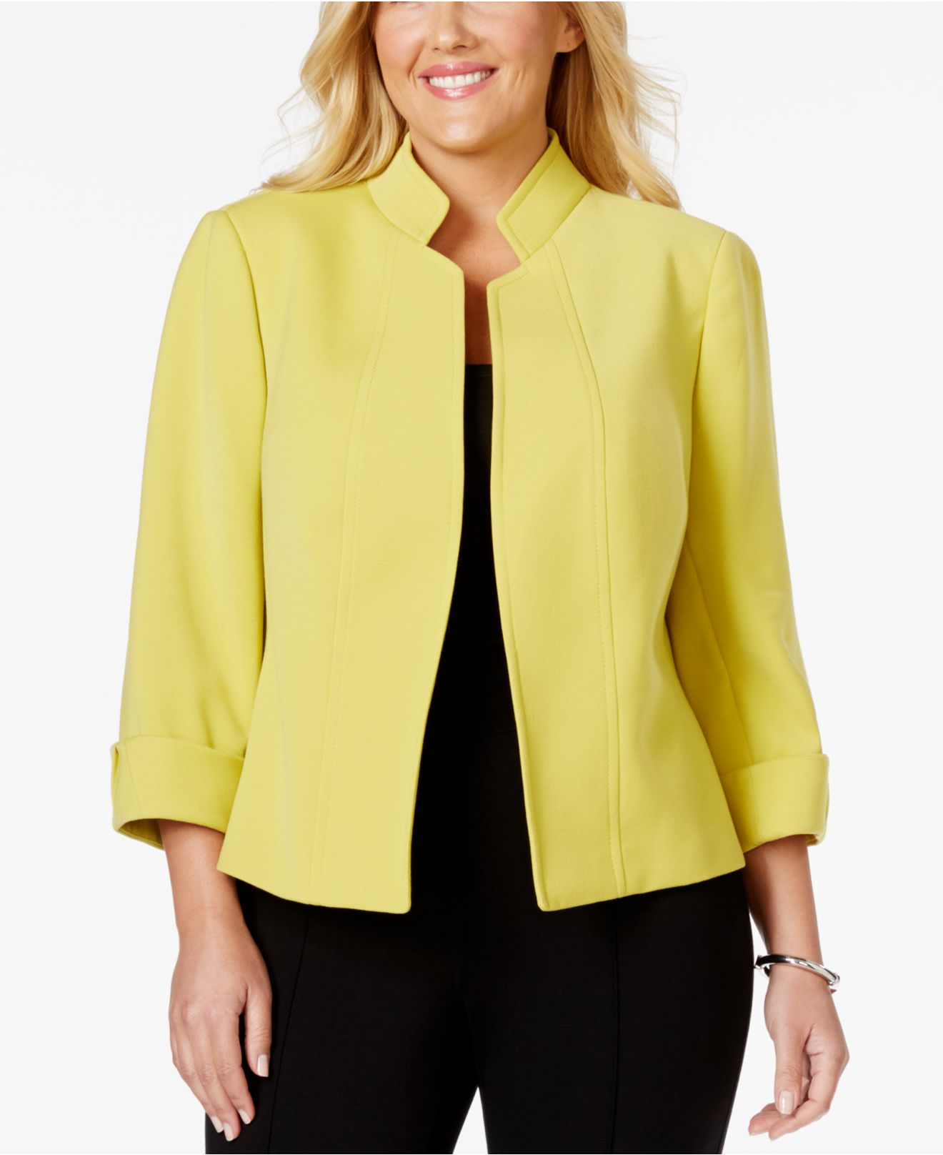Tahari Plus Size Openfront Threequartersleeve Jacket in Yellow Lyst