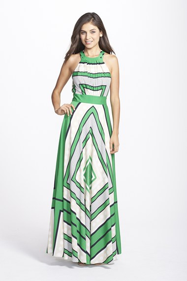 scarf print crêpe de chine fit & flare maxi dress