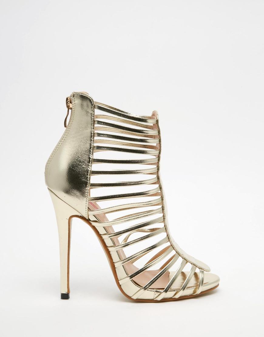 gold caged heeled sandals