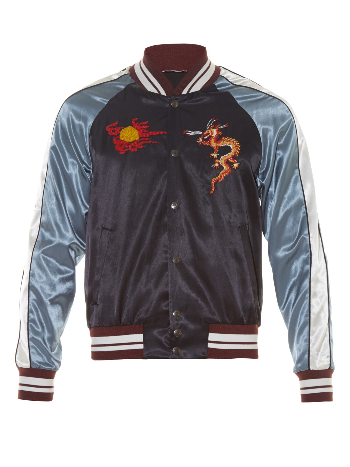 Valentino Dragon-embroidered Satin Baseball Jacket in Blue for Men | Lyst