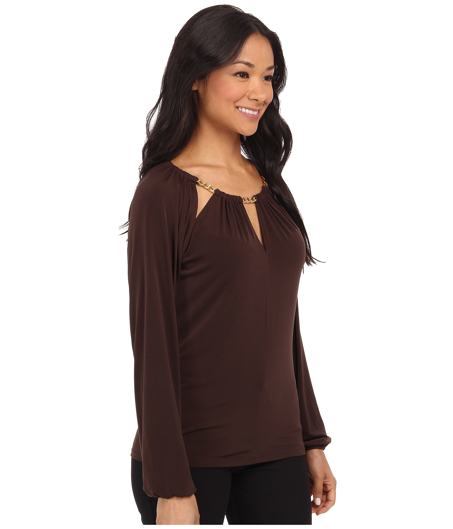 Michael michael kors Chain Slit Neck Peasant Top in Brown Lyst