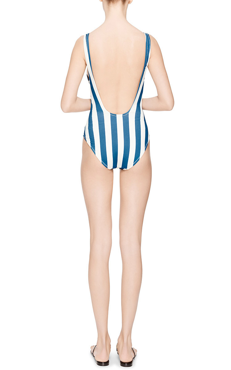 blue and white striped one piece bathing suit