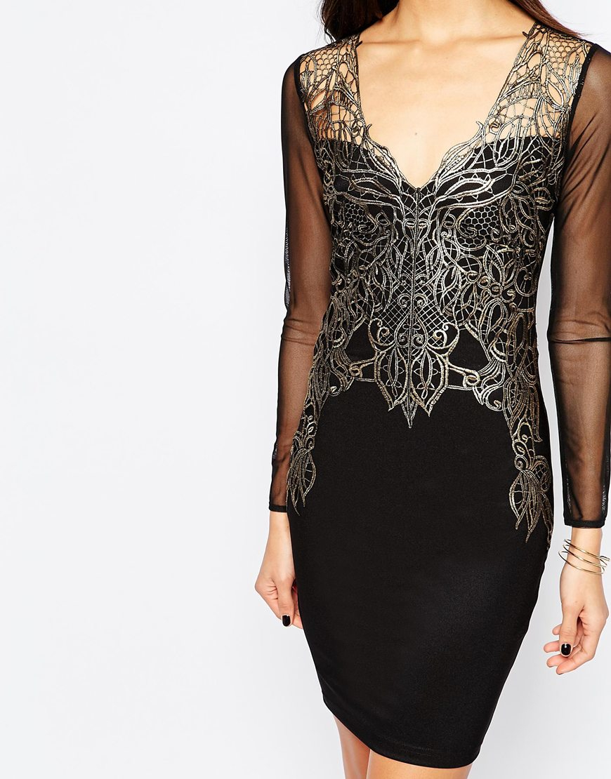 Lipsy Michelle Keegan Loves Lace Applique Front Bodycon Dress in Black -  Lyst