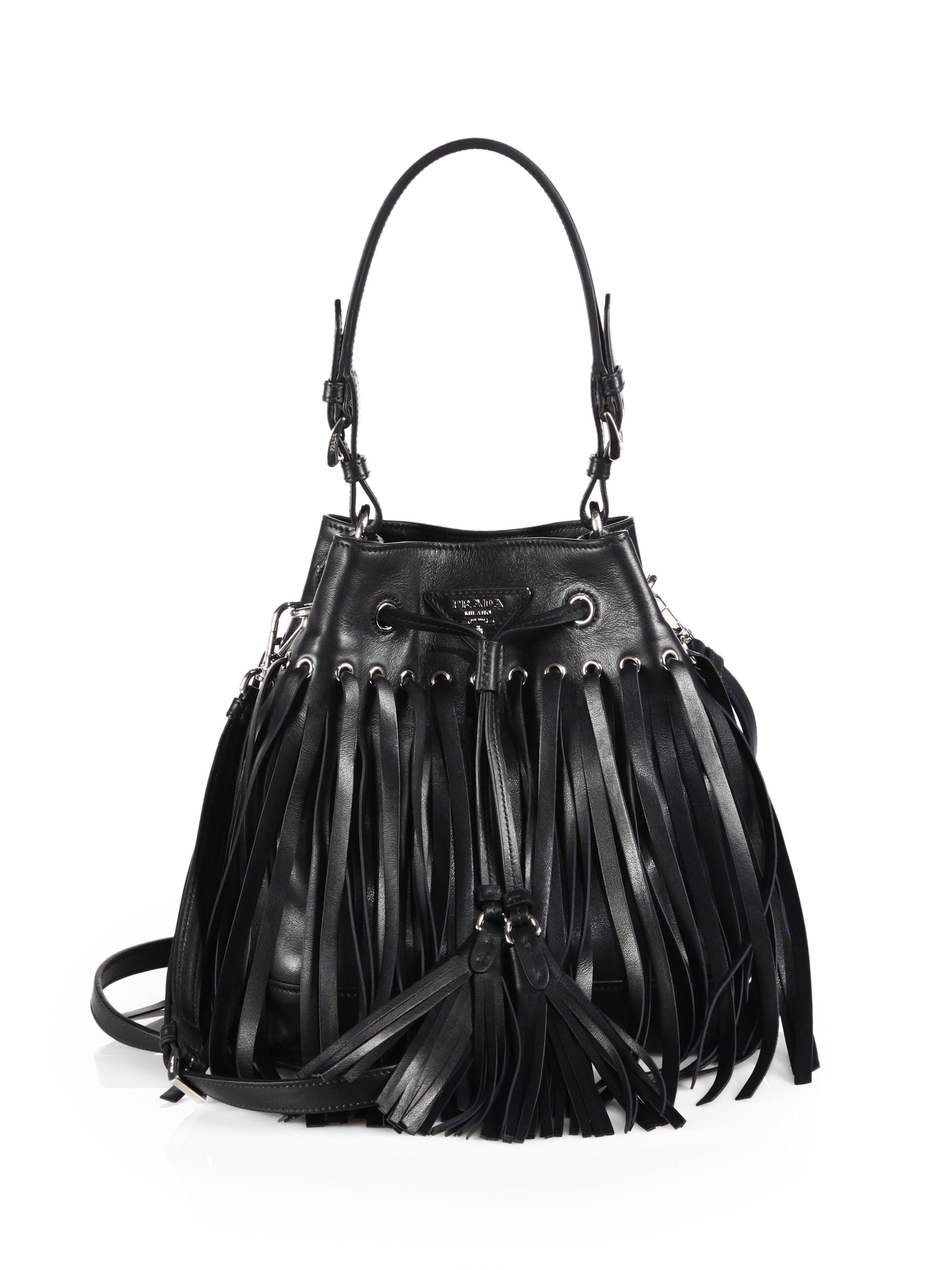 Prada Leather Fringe Bucket Bag in Black | Lyst