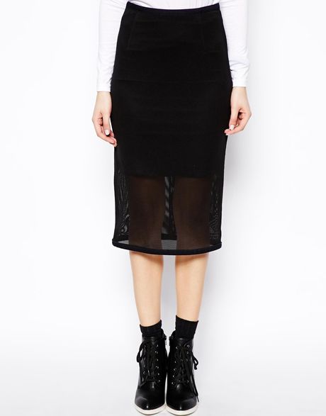 Asos Denim Pencil Skirt with Mesh Overlay in Black (Multi) | Lyst