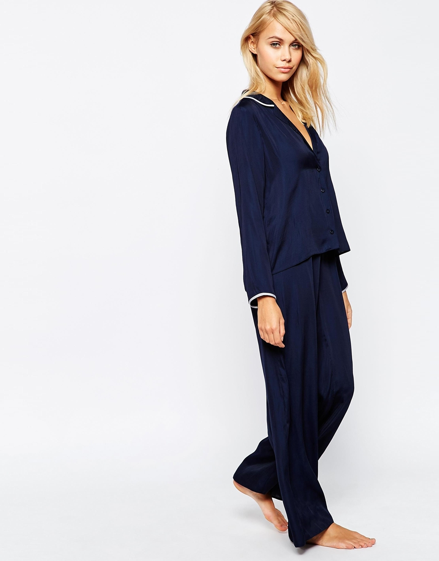 ASOS Moss Satin Piped Pyjama Top & Wide Leg Set in Navy (Blue) - Lyst