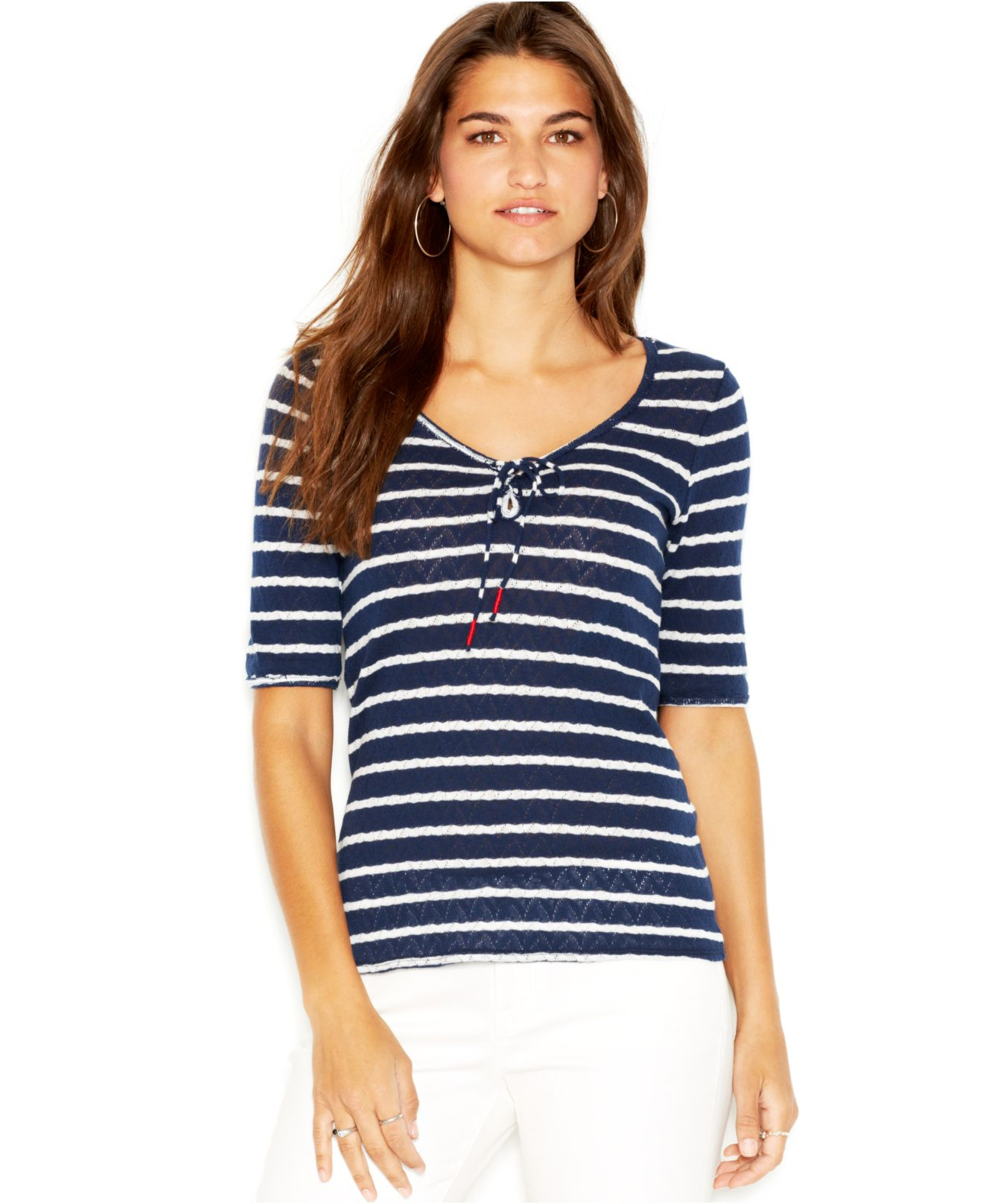 Lucky brand Lucky Brand Elbow-sleeve Scoop-neck Striped Top in Blue | Lyst
